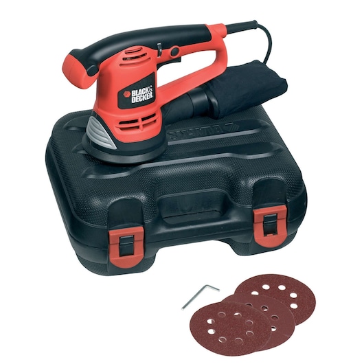 A BLACK+DECKER KA191EK random orbital sander, shown with a black and red carrying case, several round sanding discs, and a small hex key. The sander has a dust collection bag attached.