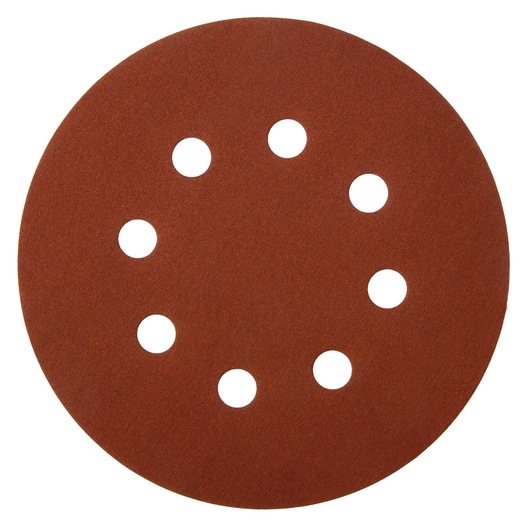 A round brown sanding disc with eight evenly spaced holes arranged in a circle near the center.
