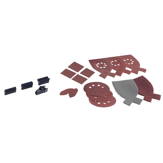 A set of BLACK+DECKER KA280 multi-tool accessories, including sanding pads, polishing pads, abrasive sheets, and roller attachments arranged on a white background.