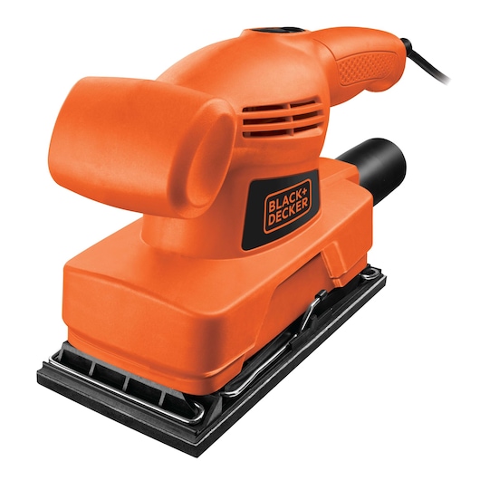 Photo of BLACKDECKER KA300 orange electric sheet sander, front angle, with textured handle and cord.