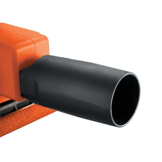 BLACKDECKER KA300 sander dust extraction nozzle, close-up, orange and black, white background.