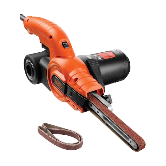 BLACK+DECKER KA900E electric file sander with orange and black body shown at angle on white background with sanding belt.