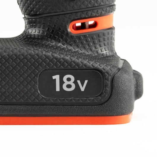 BLACKDECKER 18v power tool base in black and orange, close-up, SKU KFBCD701D1K, photography white background.