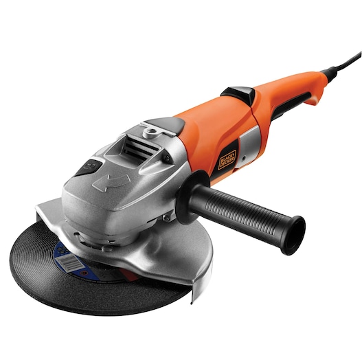 A BLACK+DECKER electric angle grinder with an orange and silver body, a black handle, and a round cutting disc.