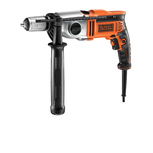 A BLACK+DECKER electric drill with orange and black accents, featuring a side handle and corded power supply.