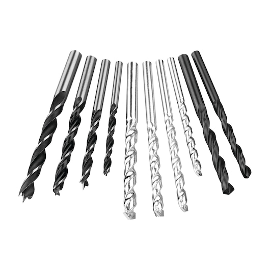 A set of ten assorted drill bits arranged in a row on a white background.