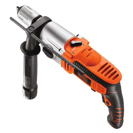 BLACK+DECKER KR1102KA electric drill with orange and black body, side handle, and depth gauge.