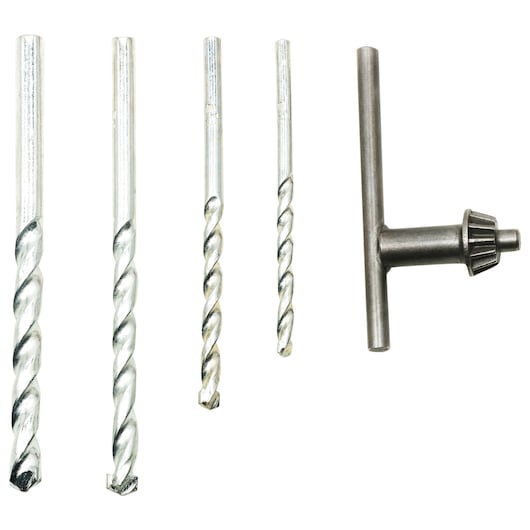 Set of four metal drill bits and a chuck key displayed on a white background.
