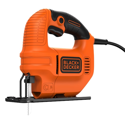 BLACK+DECKER jigsaw KS501 in orange, side angle, visible blade and ergonomic handle.