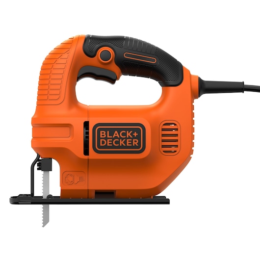 BLACK+DECKER KS501 orange corded jigsaw side view on white background, ergonomic handle and visible blade.