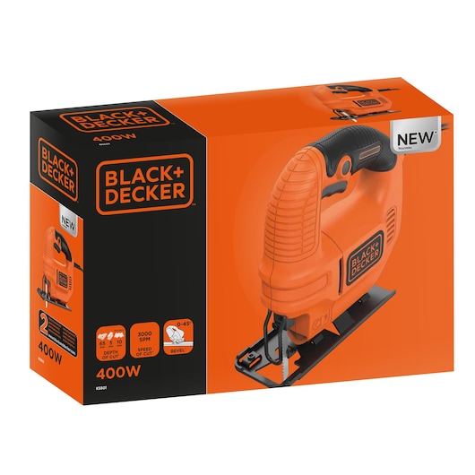 BLACK+DECKER KS501 jigsaw packaging, showing orange and black power tool with 400W power, front angle.