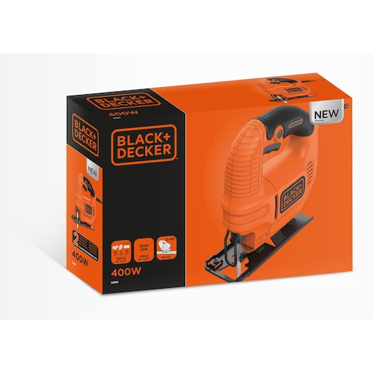 BLACK+DECKER KS501 orange jigsaw 400W in retail packaging, front angle on white background.
