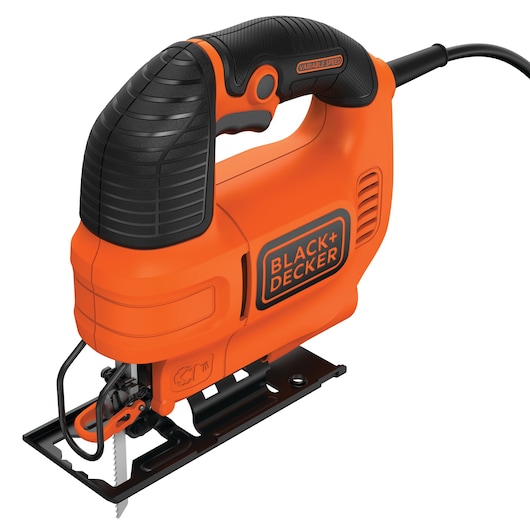 BLACKDECKER KS701E corded jigsaw, orange and black, side angle on white background.