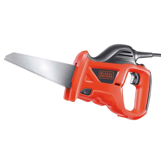 A BLACK+DECKER electric handheld saw with a red and black design and a visible metal blade.