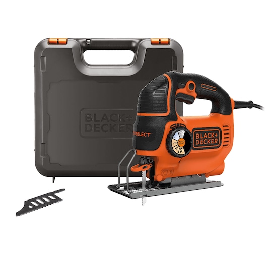 A BLACK+DECKER electric jigsaw with orange and black design, shown with a sturdy black carrying case and an extra blade accessory.
