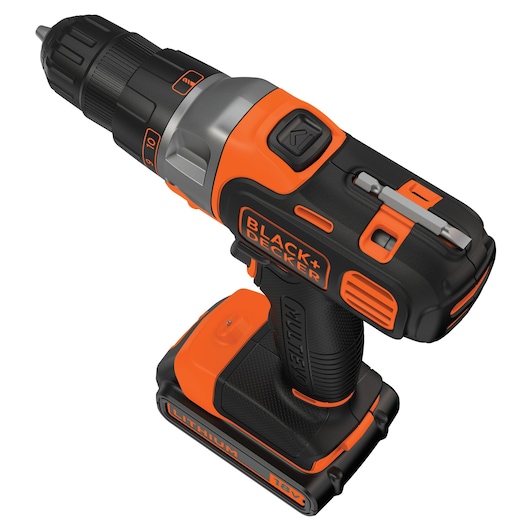 BLACKDECKER MT218K cordless drill with orange and black design on white background, angled view.