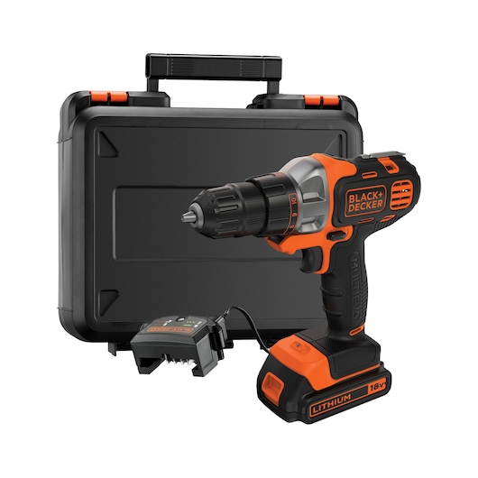 BLACK+DECKER MT218K cordless drill with case and charger, front angle, orange and black design.
