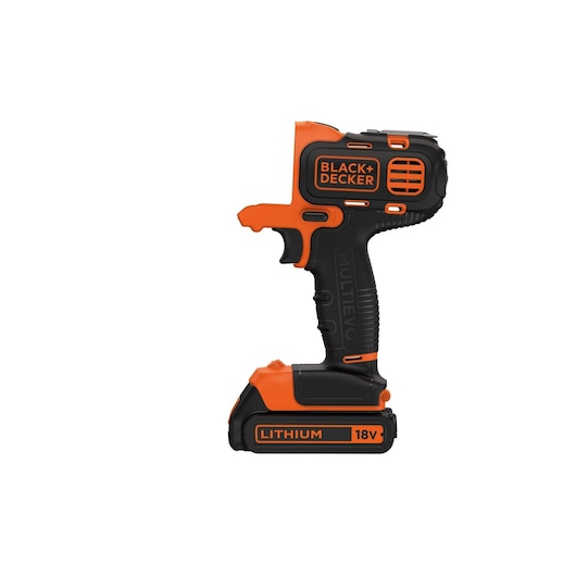 BLACKDECKER MT218K cordless power tool on white background, orange and black, side view, 18V lithium battery