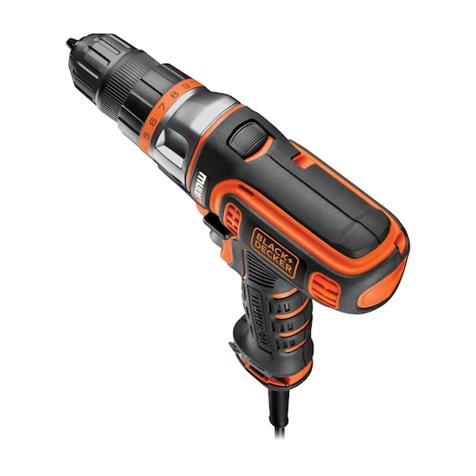 BLACK+DECKER MT350k corded power drill, black and orange, side angle product photography.
