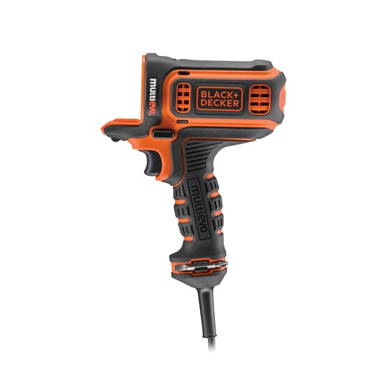 BLACK+DECKER MT350k black and orange multitool handle with cord, side view on white background.
