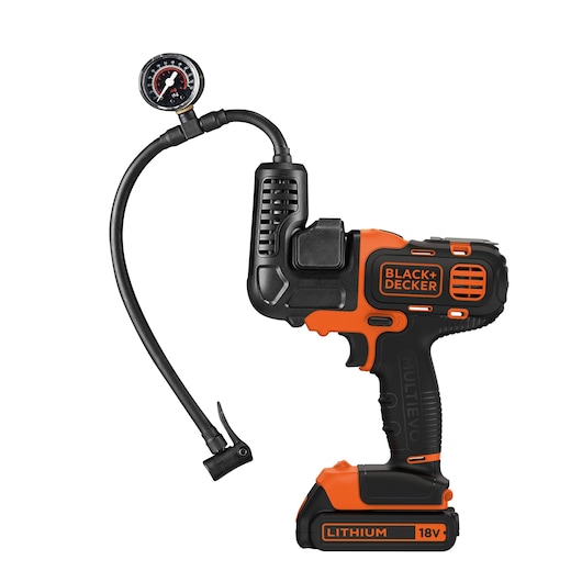 BLACK+DECKER MTNF9 cordless inflator, orange and black, side angle, with pressure gauge and hose.