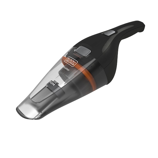 A BLACK+DECKER handheld vacuum cleaner with a black and orange design, featuring a transparent dust container and ergonomic handle.