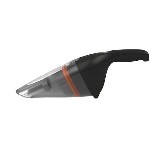 A BLACK+DECKER handheld vacuum cleaner with a black and transparent body, featuring an orange accent line near the dust chamber. The device is shown from the side, highlighting its ergonomic handle and compact design.