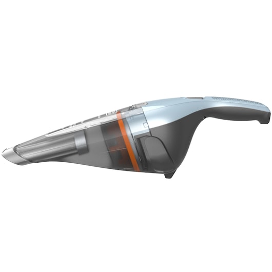 A BLACK+DECKER handheld cordless vacuum cleaner, shown in profile view with a transparent dust container, black and grey body, and orange detailing.