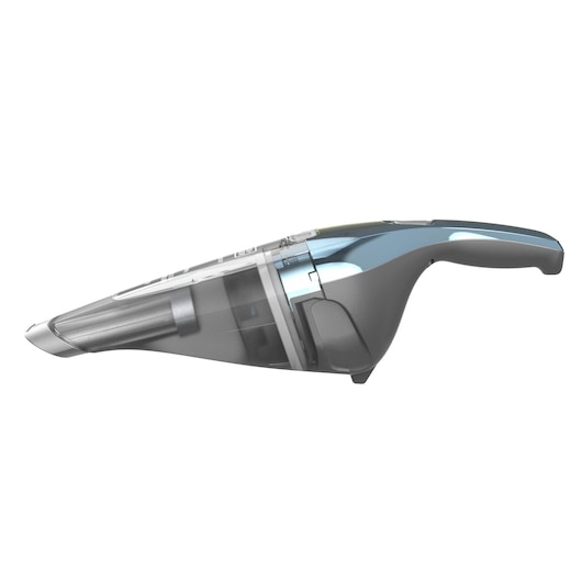 Side view of a BLACK+DECKER handheld vacuum cleaner with a sleek design, featuring a transparent dust compartment and ergonomic handle.