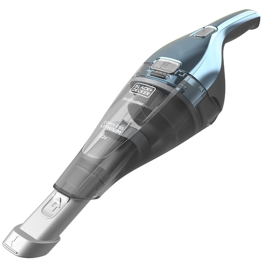 A BLACK+DECKER Dustbuster handheld cordless lithium vacuum cleaner, model NVC220WBC, with a sleek design and transparent dust container.