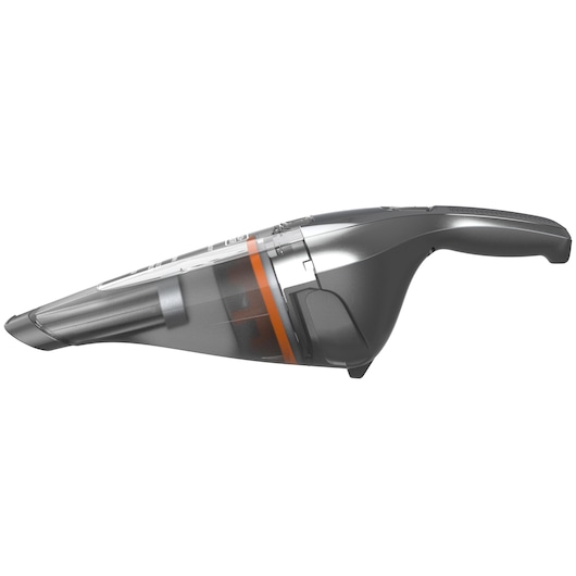 A BLACK+DECKER handheld cordless vacuum cleaner, shown in a side view. The device has a transparent dust container with an orange accent and a compact design.