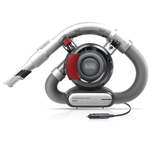 BLACKDECKER PD1200AV handheld vacuum cleaner for cars, dustbuster flexi auto front angle, grey with red detail.