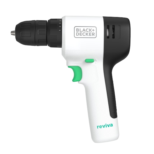 BLACK+DECKER REVDD12C cordless drill white and black with green accents, left side angle, photography