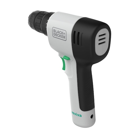BLACKDECKER REVDD12C cordless drill, white and black design, green trigger, side angle, product photography