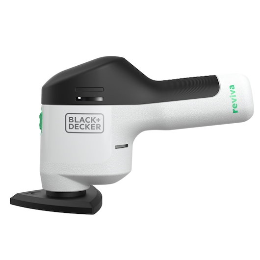 BLACK+DECKER REVDS12C compact white and black cordless sander side view on white background.