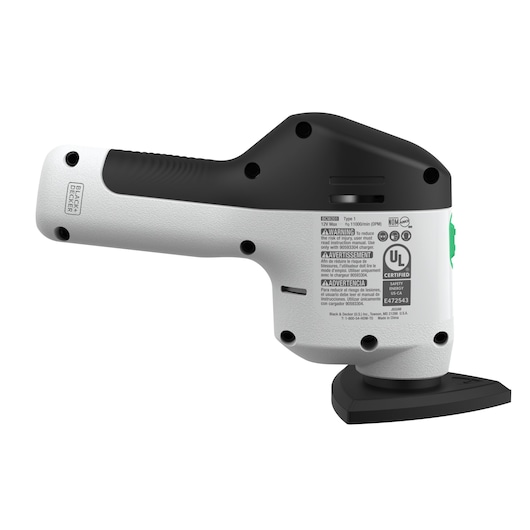 BLACKDECKER REVDS12C handheld sander, side angle, white and black body with certification labels.