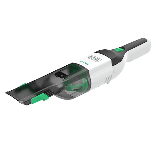 BLACKDECKER REVHV8C handheld vacuum in white and black with green accents, side view.