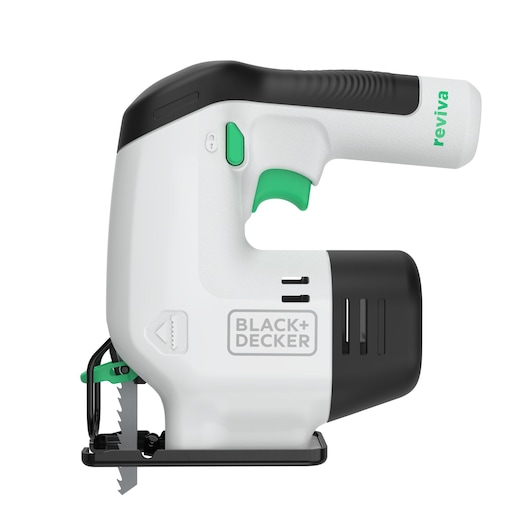 Photo of BLACK+DECKER handheld jigsaw REVJ12C, white and black body, green accents, side angle.