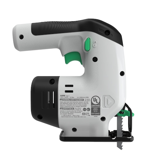 BLACKDECKER REVJ12C jigsaw side view, white and black body with green accents, visible blade.