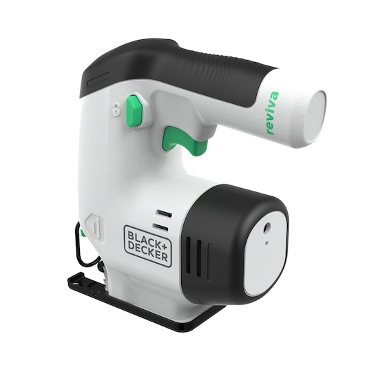 BLACK+DECKER REVJ12C cordless jigsaw, white and black with green accents, side angle on white background.
