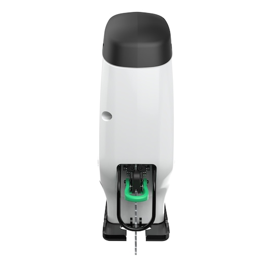 BLACKDECKER REVJ12C jigsaw front view with white body, black top, and visible blade.