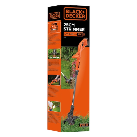 BLACK+DECKER 25cm strimmer 18V lithium cordless, orange and black, side view packaging, ST182320 grass trimmer.