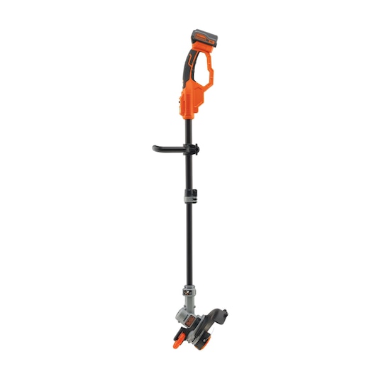 A BLACK+DECKER cordless grass trimmer with an orange and black handle, long black shaft, and adjustable cutting head.