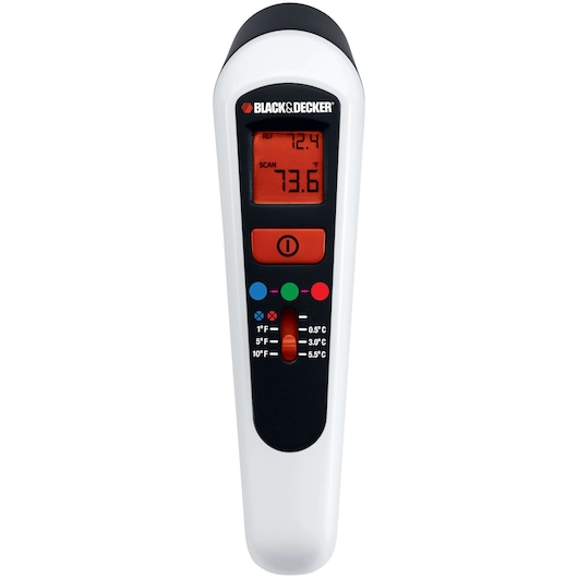 A BLACK+DECKER handheld thermal leak detector with a digital screen displaying temperature readings, various control buttons, and colored indicators for temperature detection.