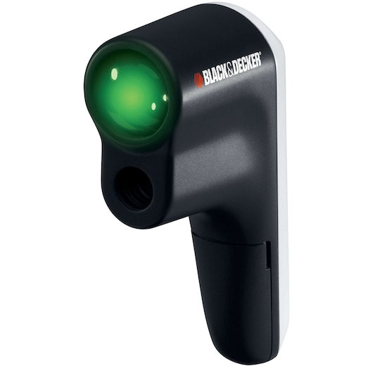 A BLACK+DECKER thermal leak detector TLD100 with a black body, a green-lit sensor on top, and the brand logo visible.