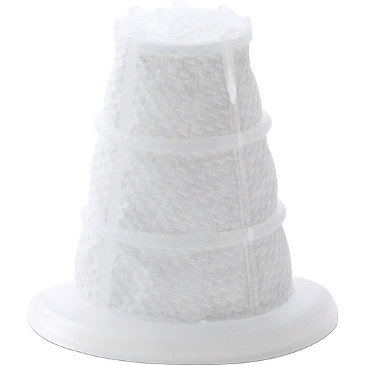 A close-up image of a cone-shaped white mesh vacuum filter with plastic reinforcement rings, shown against a plain white background.