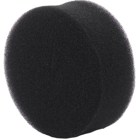 A close-up image of a round, black foam filter, photographed against a white background.